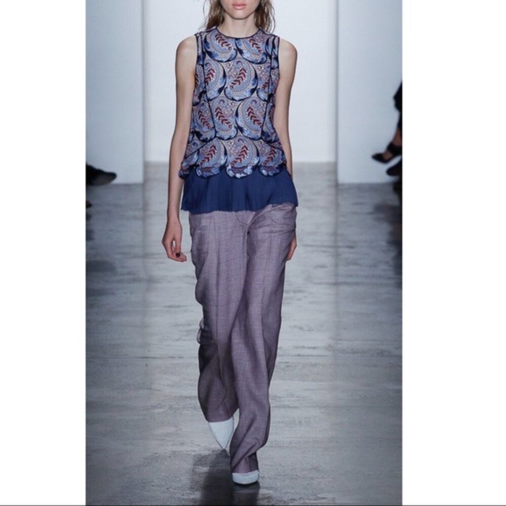 Wes Gordon Silk Paisley Blouse 10 Top Medium Sleeveless Blue Purple Lace Pleated